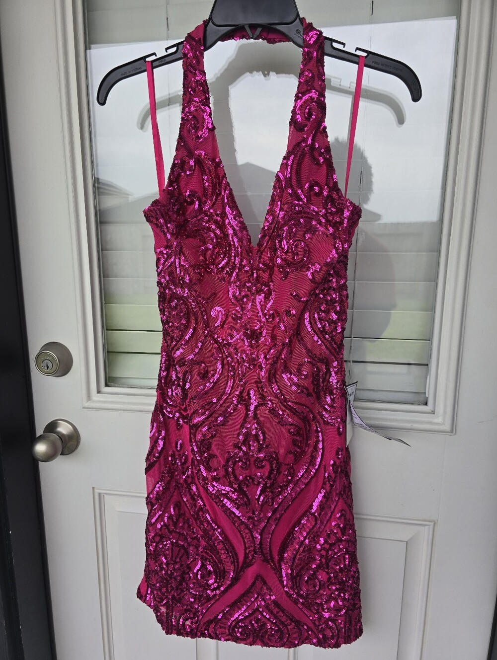 B Darlin Hot Pink Sequin Bodycon Dress Sz 11 Halter Neck Party Club Homecoming - Picture 4 of 11